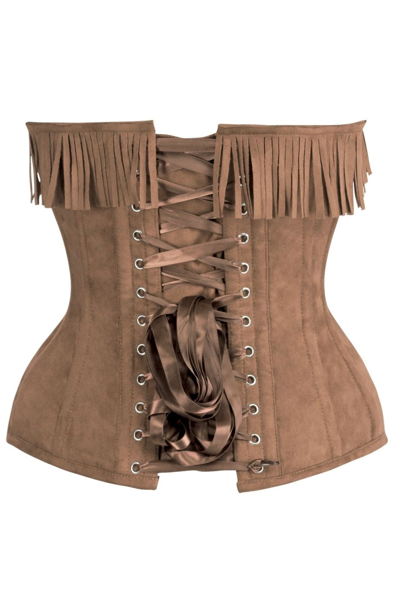 Top Drawer Tan Suede Steel Boned Overbust Corset w/Fringe - Daisy Corsets