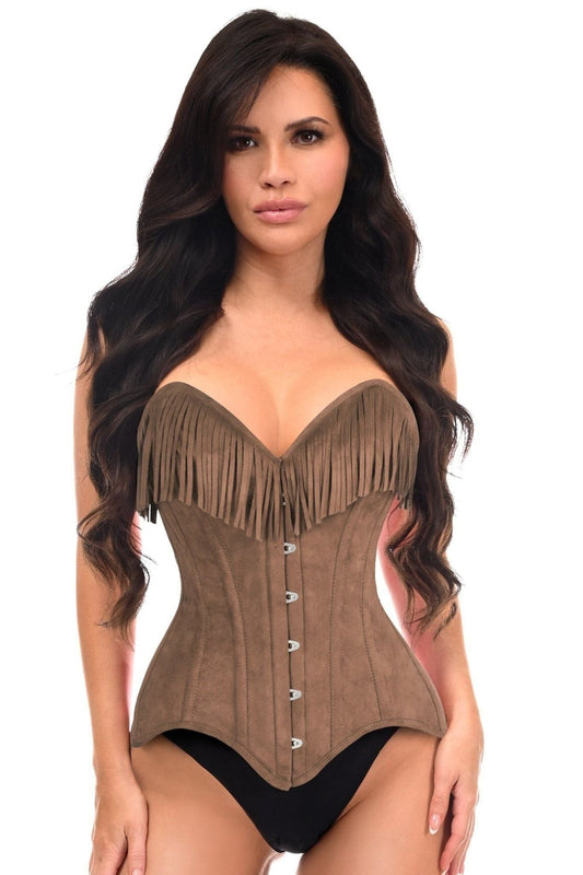 Top Drawer Tan Suede Steel Boned Overbust Corset w/Fringe - Daisy Corsets