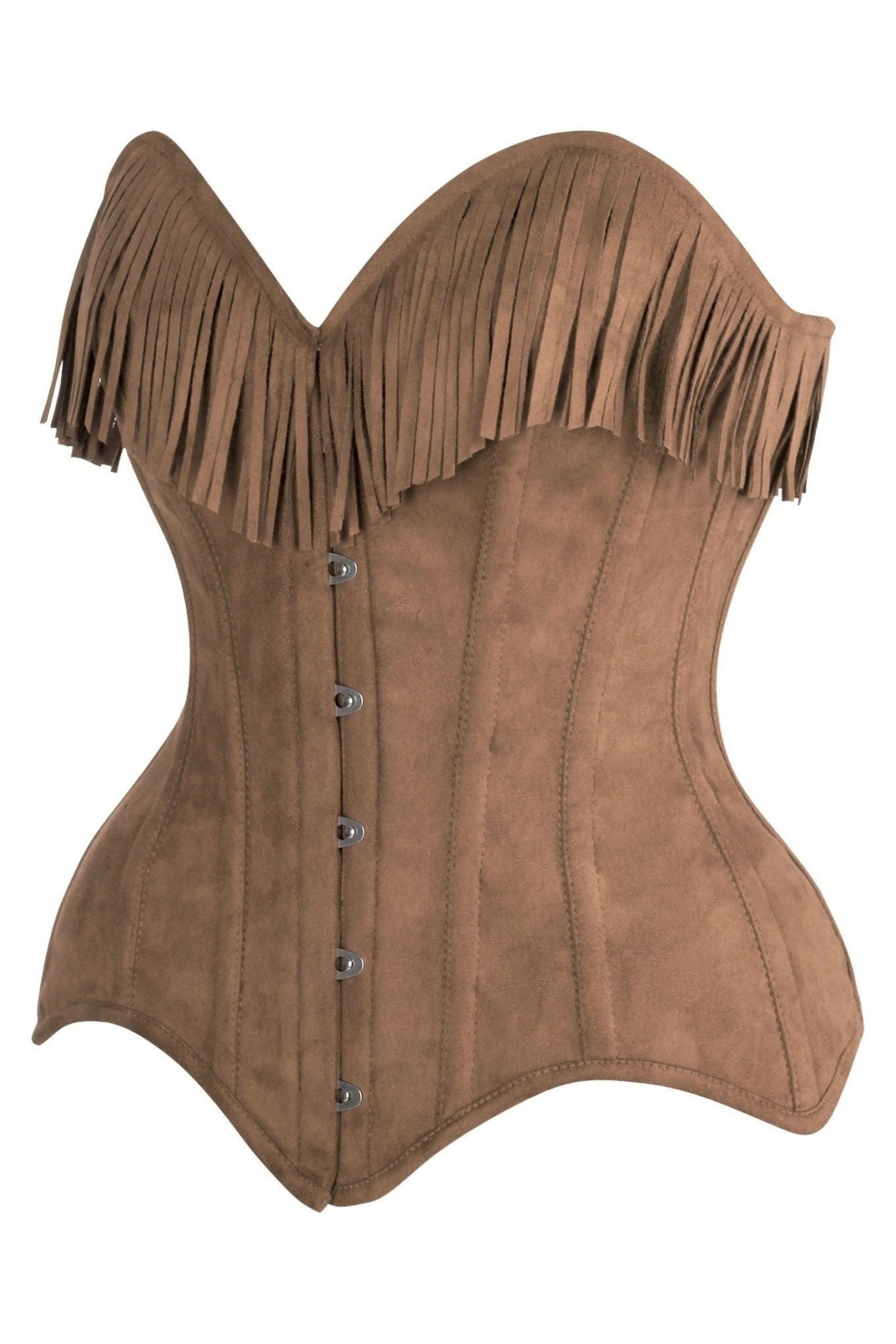 Top Drawer Tan Suede Steel Boned Overbust Corset w/Fringe - Daisy Corsets