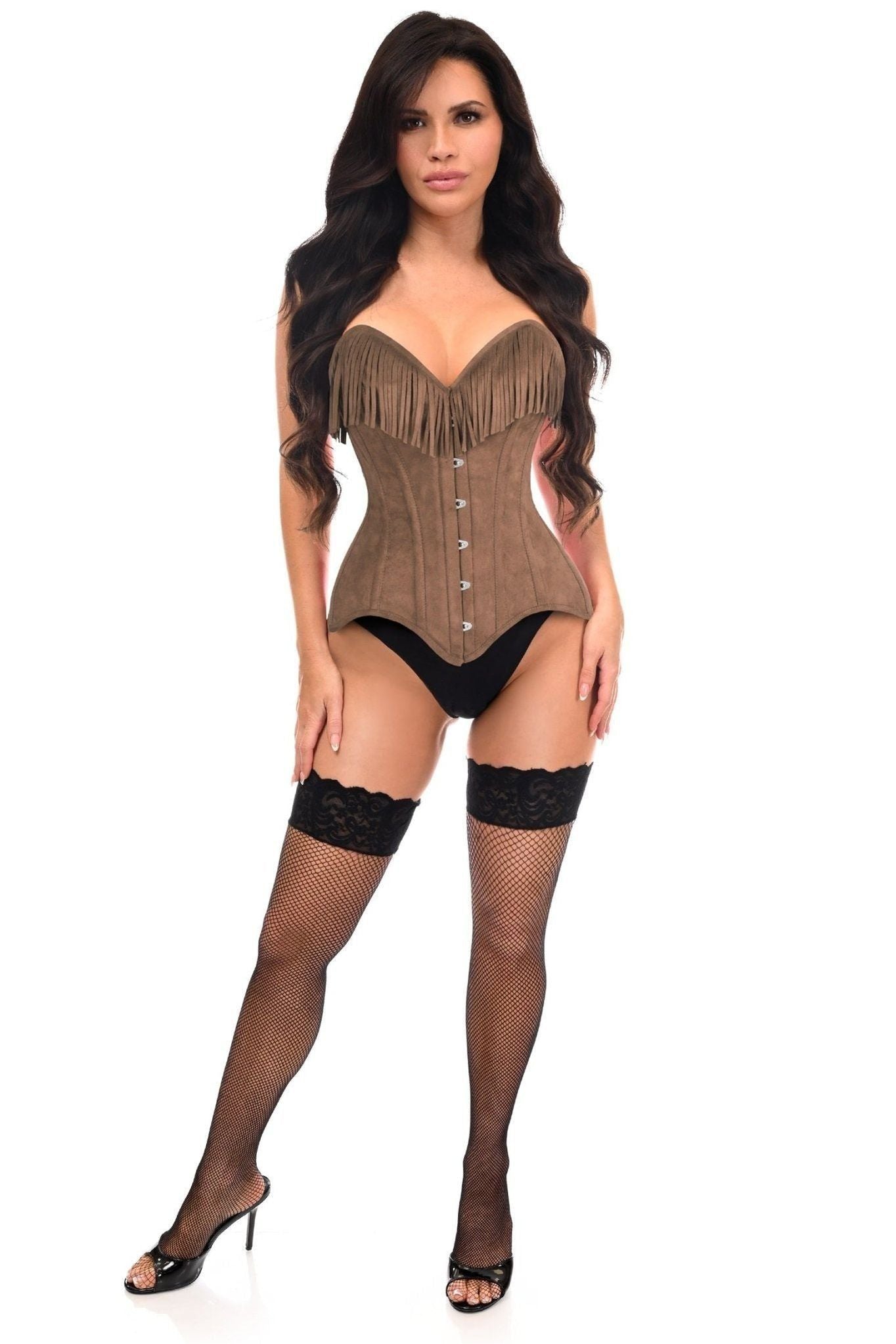 Top Drawer Tan Suede Steel Boned Overbust Corset w/Fringe - Daisy Corsets