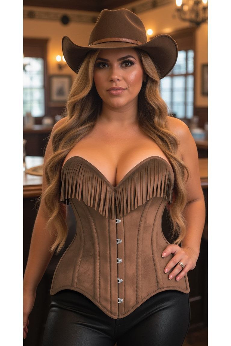 Top Drawer Tan Suede Steel Boned Overbust Corset w/Fringe - Daisy Corsets