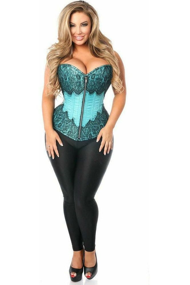 Top Drawer Teal Brocade Steel Boned Corset w/Black Eyelash Lace - Daisy Corsets