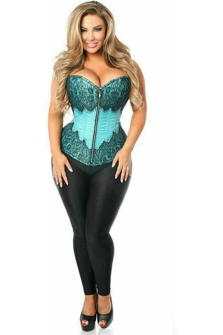 Top Drawer Teal Brocade Steel Boned Corset w/Black Eyelash Lace - Daisy Corsets
