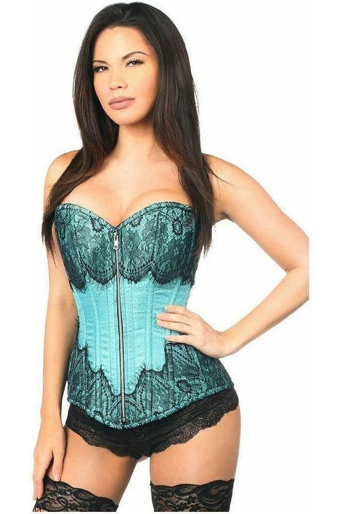 Top Drawer Teal Brocade Steel Boned Corset w/Black Eyelash Lace - Daisy Corsets