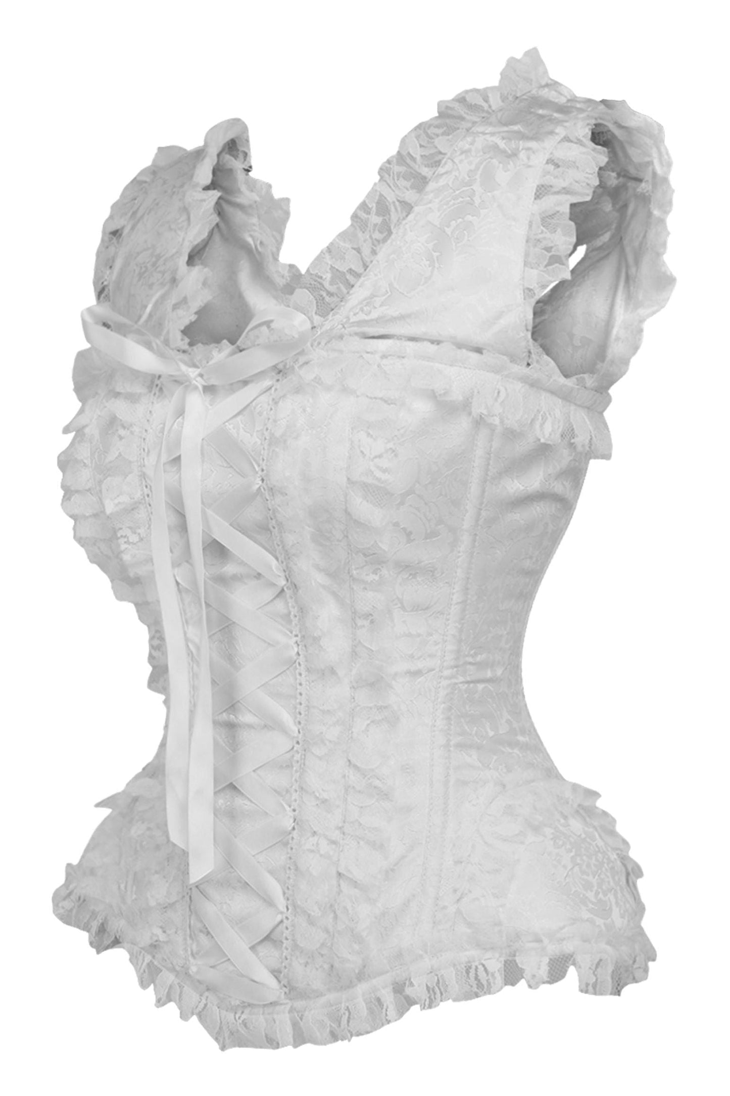 Top Drawer White Brocade & Lace Steel Boned Corset w/Cap Sleeves - Daisy Corsets