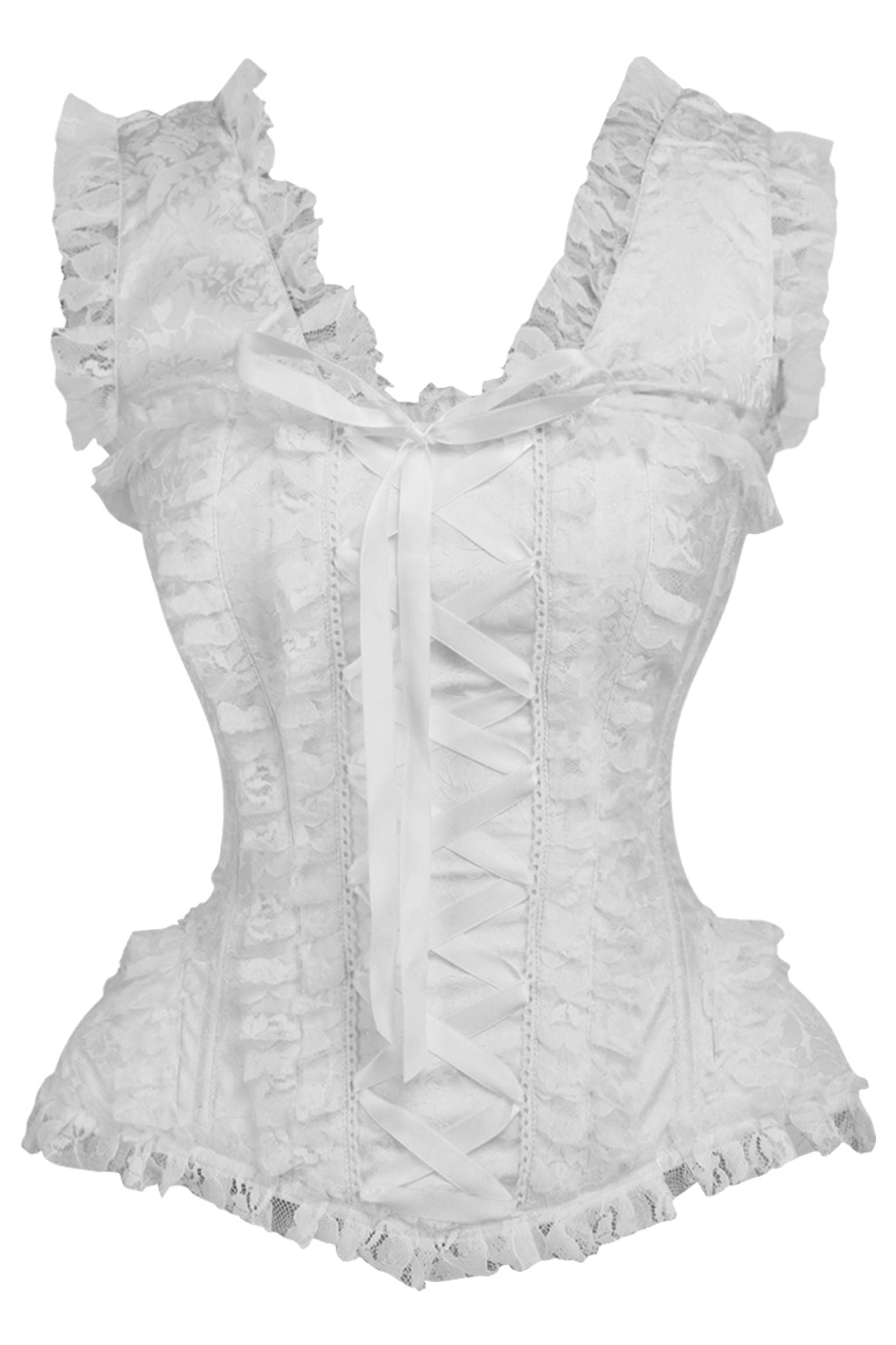 Top Drawer White Brocade & Lace Steel Boned Corset w/Cap Sleeves - Daisy Corsets