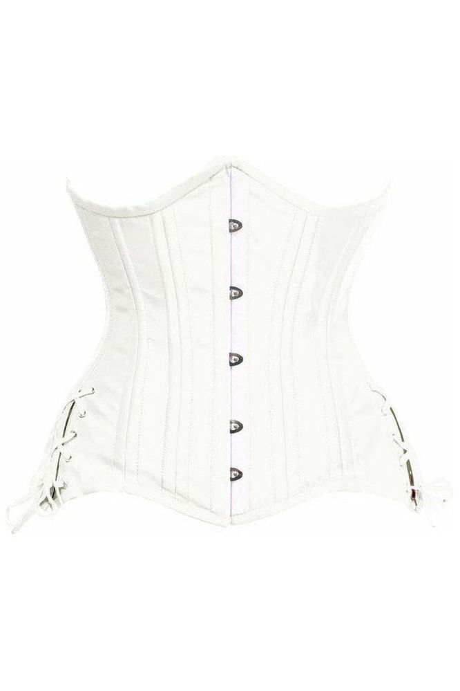 Top Drawer White Satin Double Steel Boned Curvy Cut Waist Cincher Corset w/Lace - Up Sides - Daisy Corsets