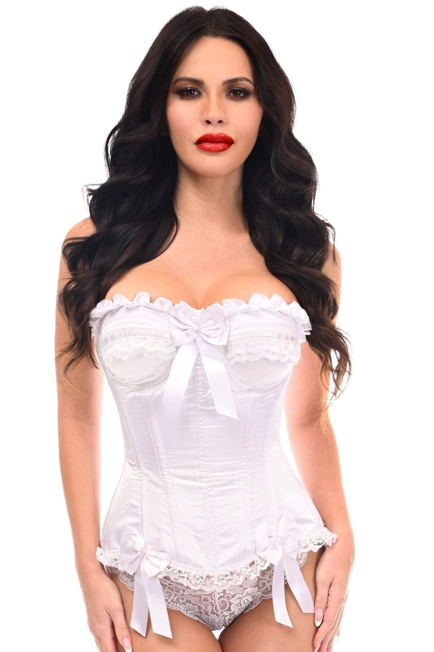 Top Drawer White Satin Steel Boned Burlesque Corset - Daisy Corsets