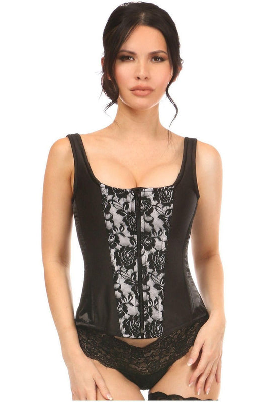 Top Drawer White Satin w/Black Lace Overlay Steel Boned Corset w/Straps - Daisy Corsets