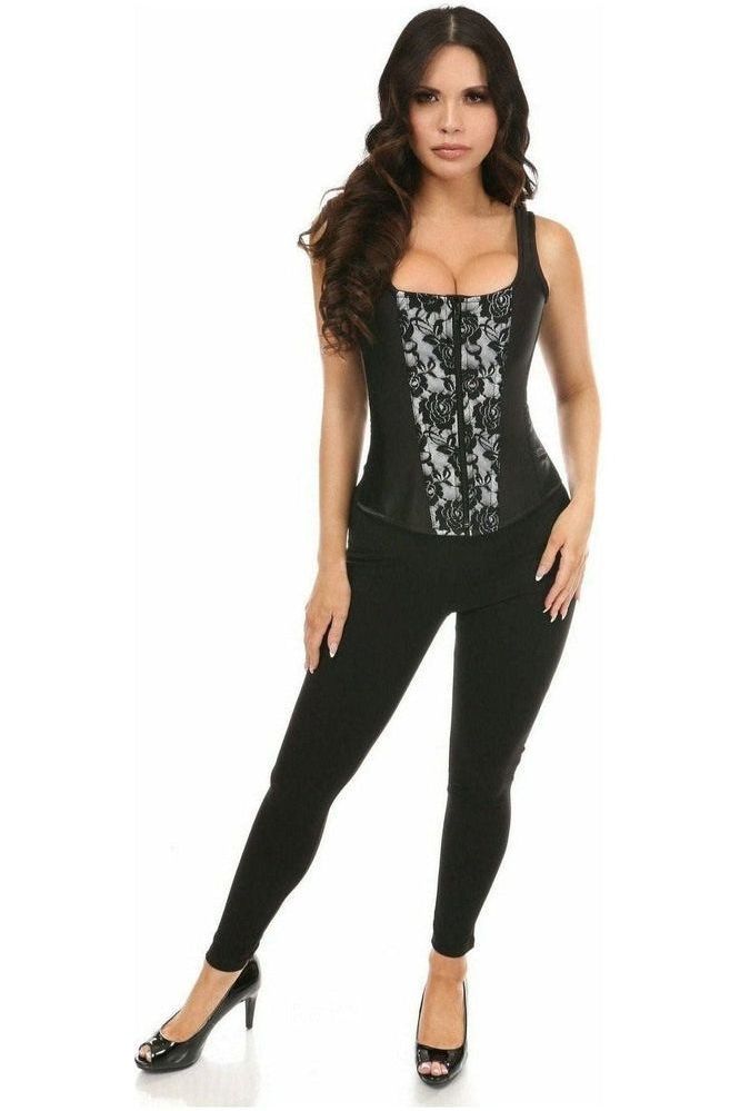 Top Drawer White Satin w/Black Lace Overlay Steel Boned Uniforming Corset w/Straps - Daisy Corsets