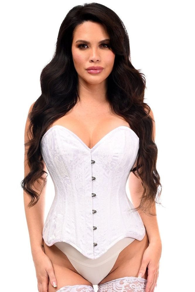 Top Drawer White Satin w/White Lace Overlay Steel Boned Overbust Corset - Daisy Corsets