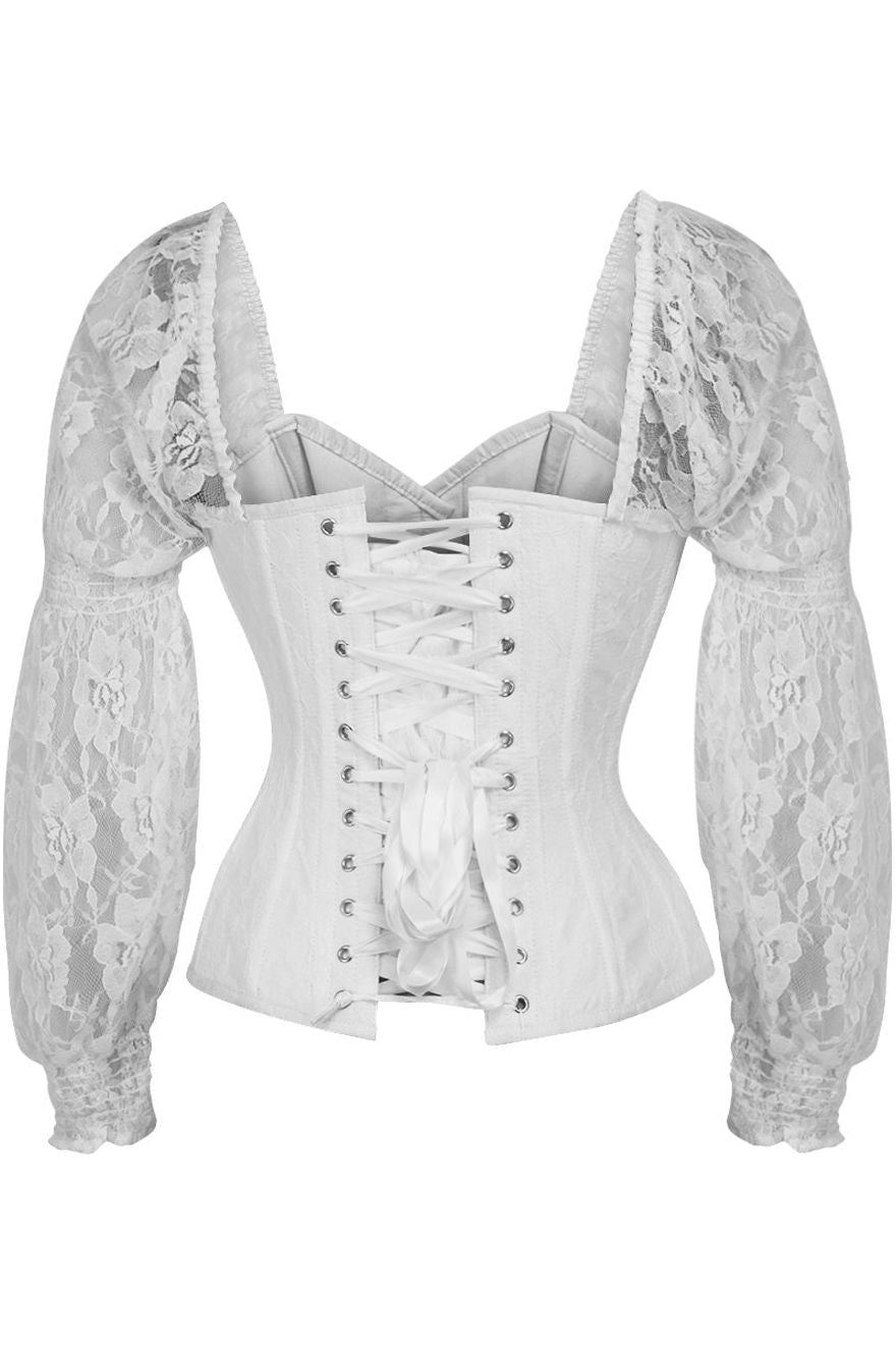 Top Drawer White w/White Lace Steel Boned Long Sleeve Corset - Daisy Corsets