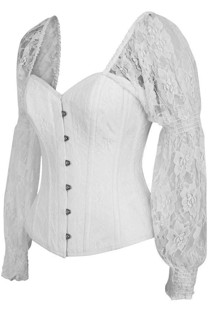 Top Drawer White w/White Lace Steel Boned Long Sleeve Corset - Daisy Corsets