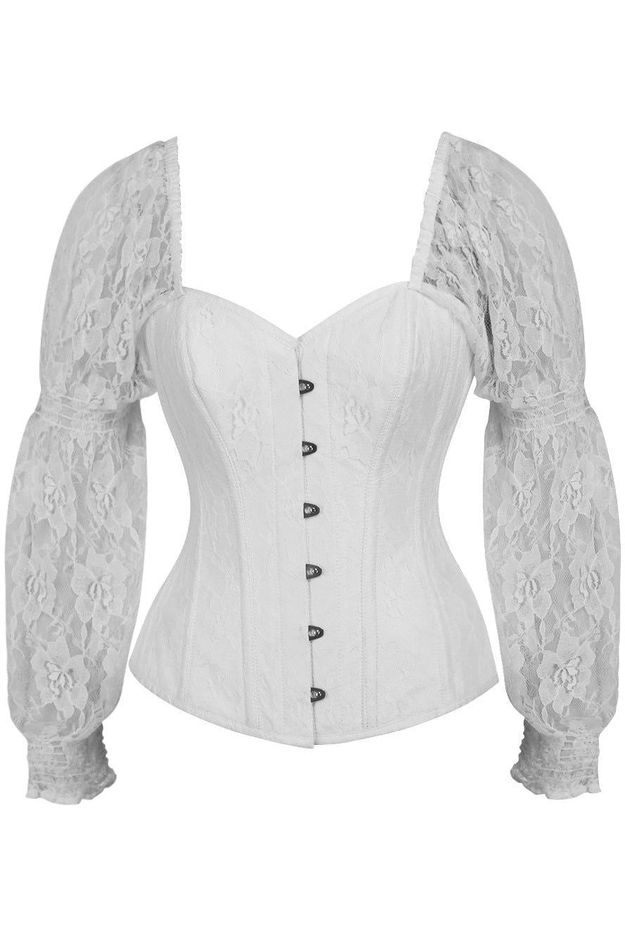 Top Drawer White w/White Lace Steel Boned Long Sleeve Corset - Daisy Corsets