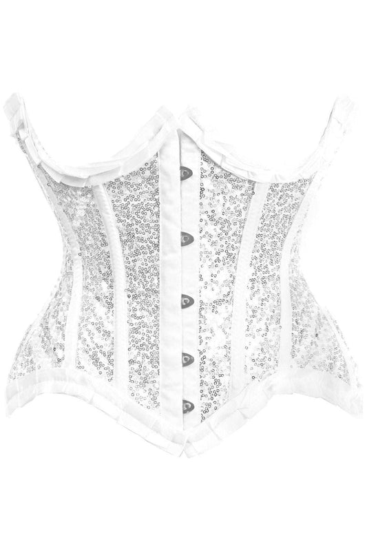 Top Drawer White/Silver Satin & Sequin Underwire Curvy Cut Steel Boned Waist Cincher Corset - Daisy Corsets
