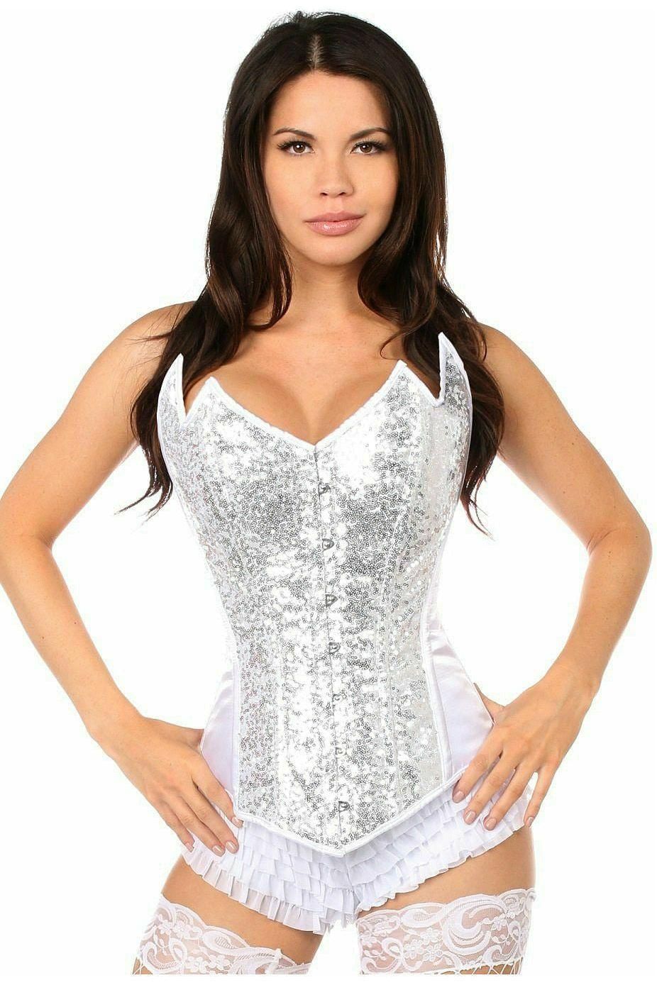 Top Drawer White/Silver Sequin Pointed Top Steel Boned Corset - Daisy Corsets