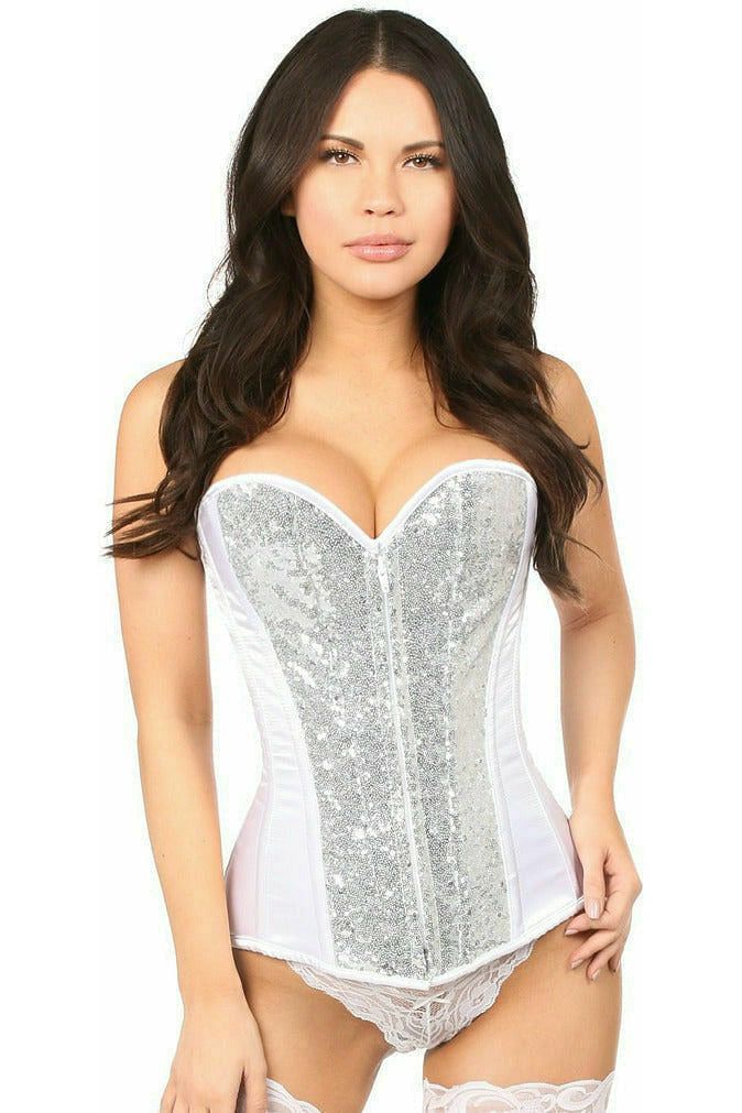 Top Drawer White/Silver Sequin Steel Boned Corset - Daisy Corsets