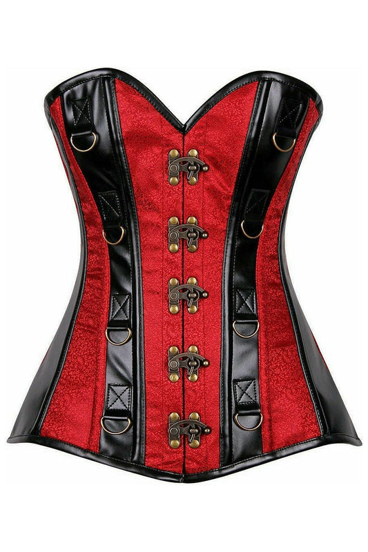 Top Drawer Wine Brocade & Faux Leather Steel Boned Corset - Daisy Corsets