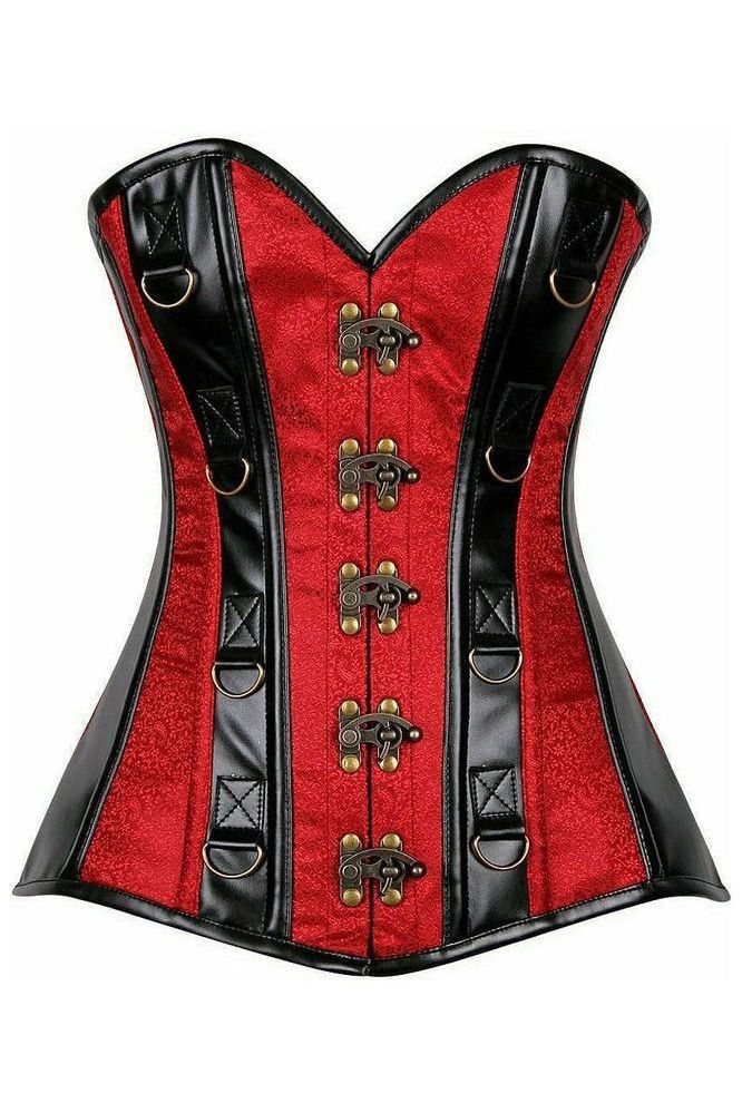 Top Drawer Wine Brocade & Faux Leather Steel Boned Corset - Daisy Corsets