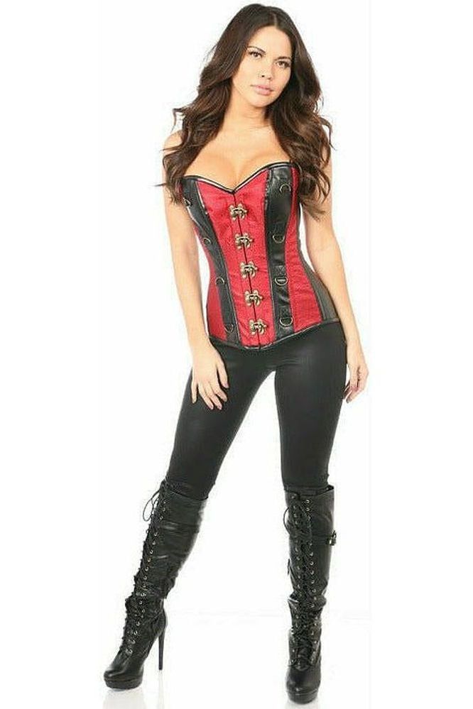 Top Drawer Wine Brocade & Faux Leather Steel Boned Corset - Daisy Corsets