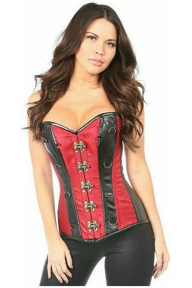Top Drawer Wine Brocade & Faux Leather Steel Boned Corset - Daisy Corsets