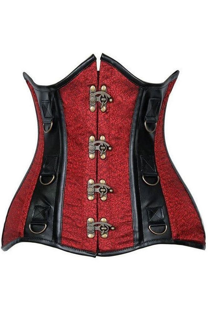 Top Drawer Wine Brocade & Faux Leather Steel Boned Under Bust Corset - Daisy Corsets
