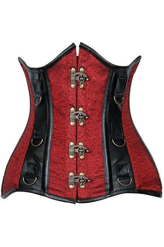 Top Drawer Wine Brocade & Faux Leather Steel Boned Under Bust Corset - Daisy Corsets