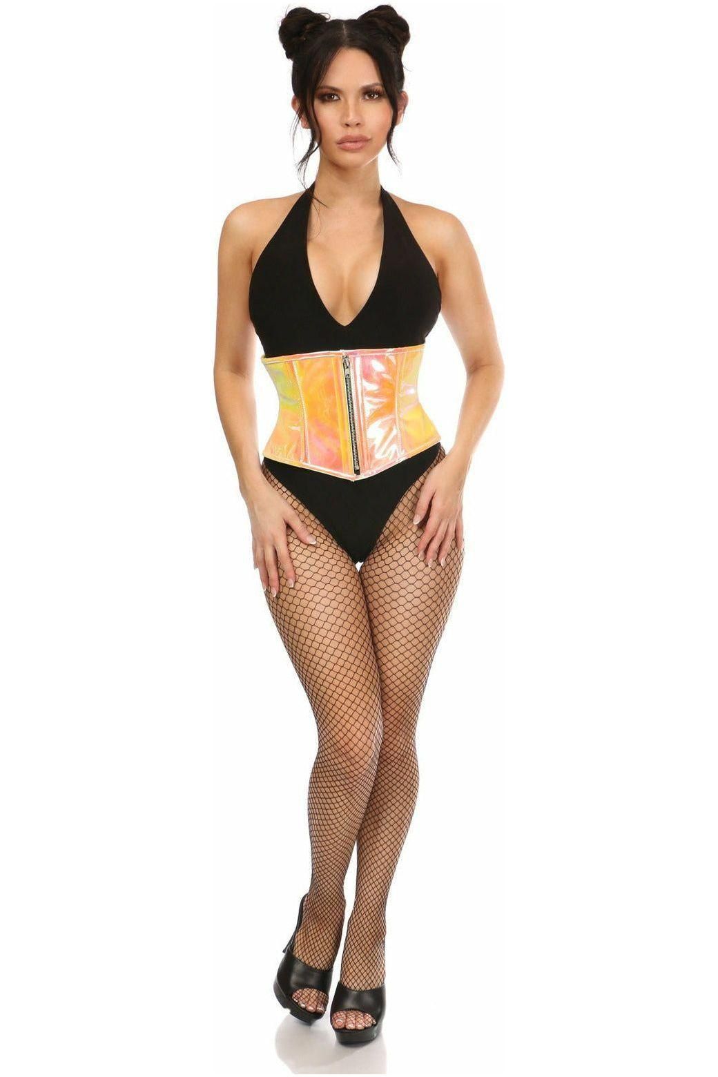 Top Drawer Yellow/Pink Holo Steel Boned Mini Cincher - Daisy Corsets