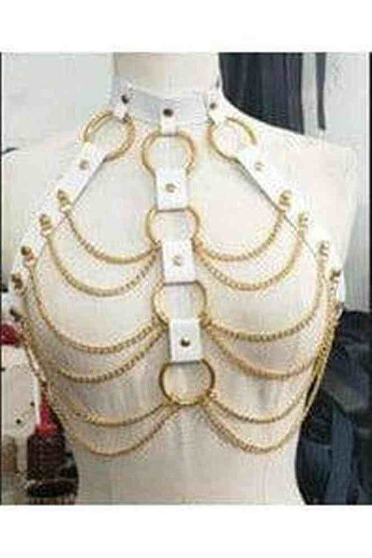 White & Gold Faux Leather Body Harness - Daisy Corsets